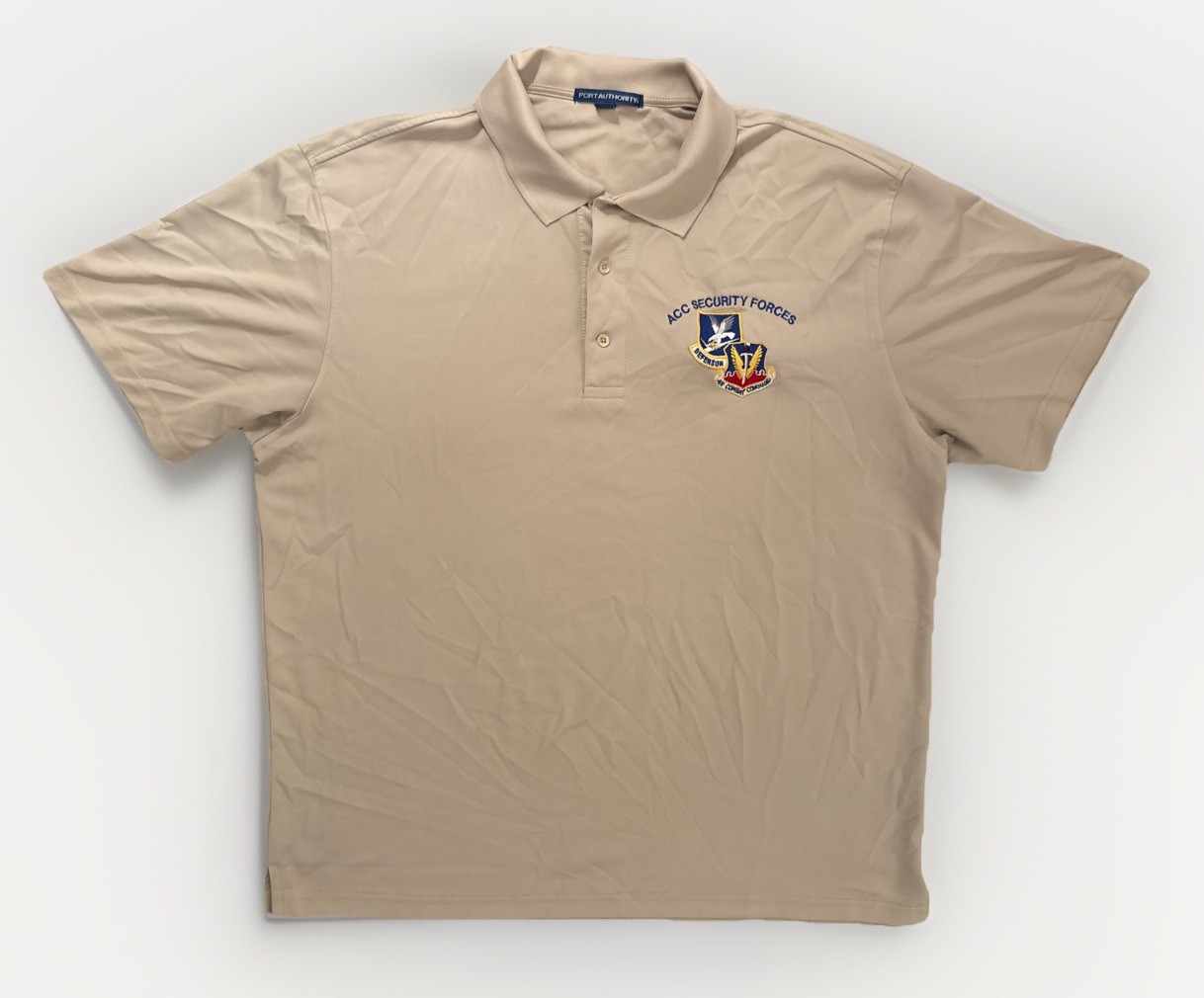 Vintage USAF ACC Security Forces Dual-Shield Polo Style T Shirt Brown XL RN90836
