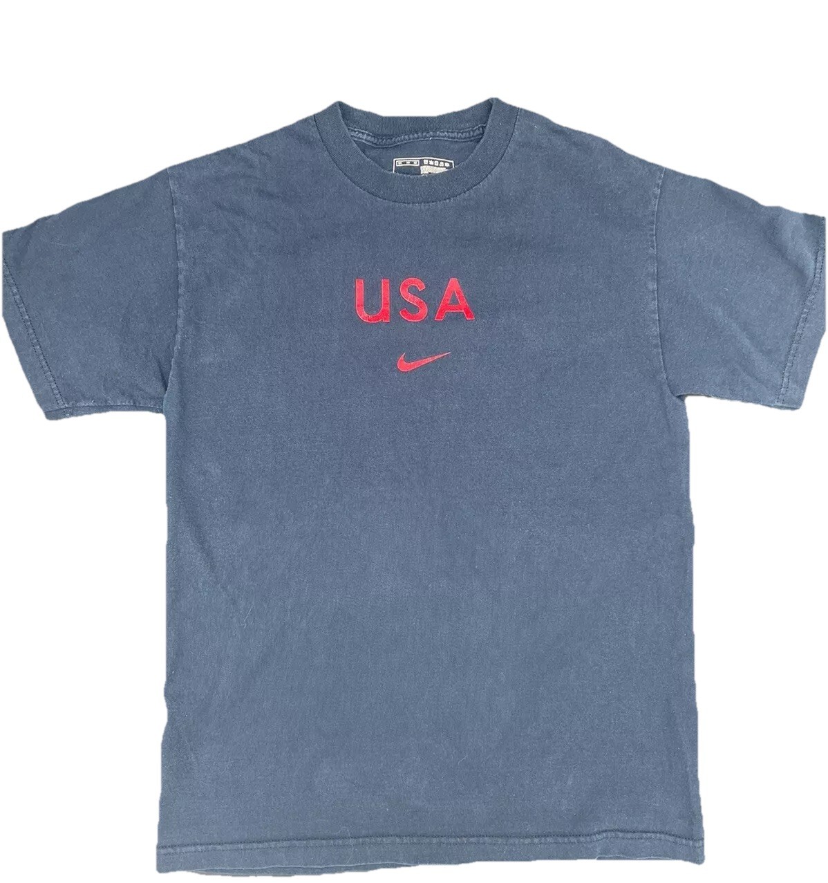 Rare Vintage NIKE Swoosh Red Logo USA T-Shirt 90s Navy Blue Cotton Size Medium