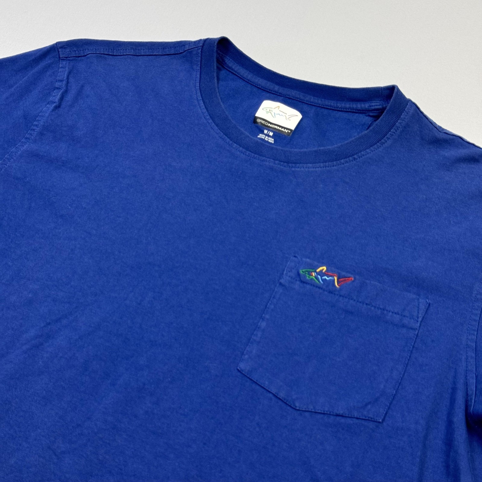 Greg Norman Shirt Mens Medium Blue Pocket Shark Logo Cotton Tee Golf Crewneck