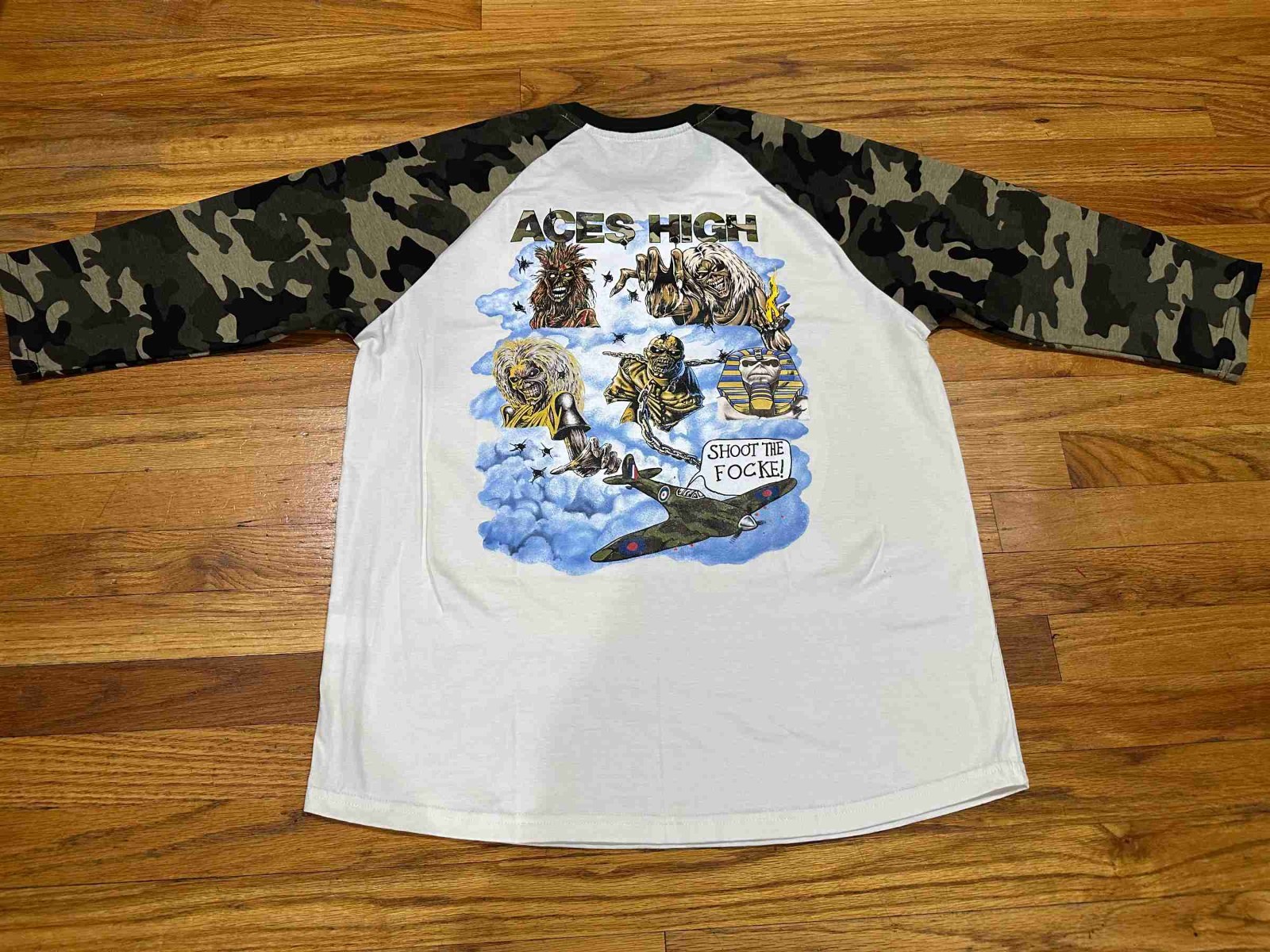Iron Maiden Aces High 1984 Concert Raglan CREAM/CAMOUFLAGE S to 3XL