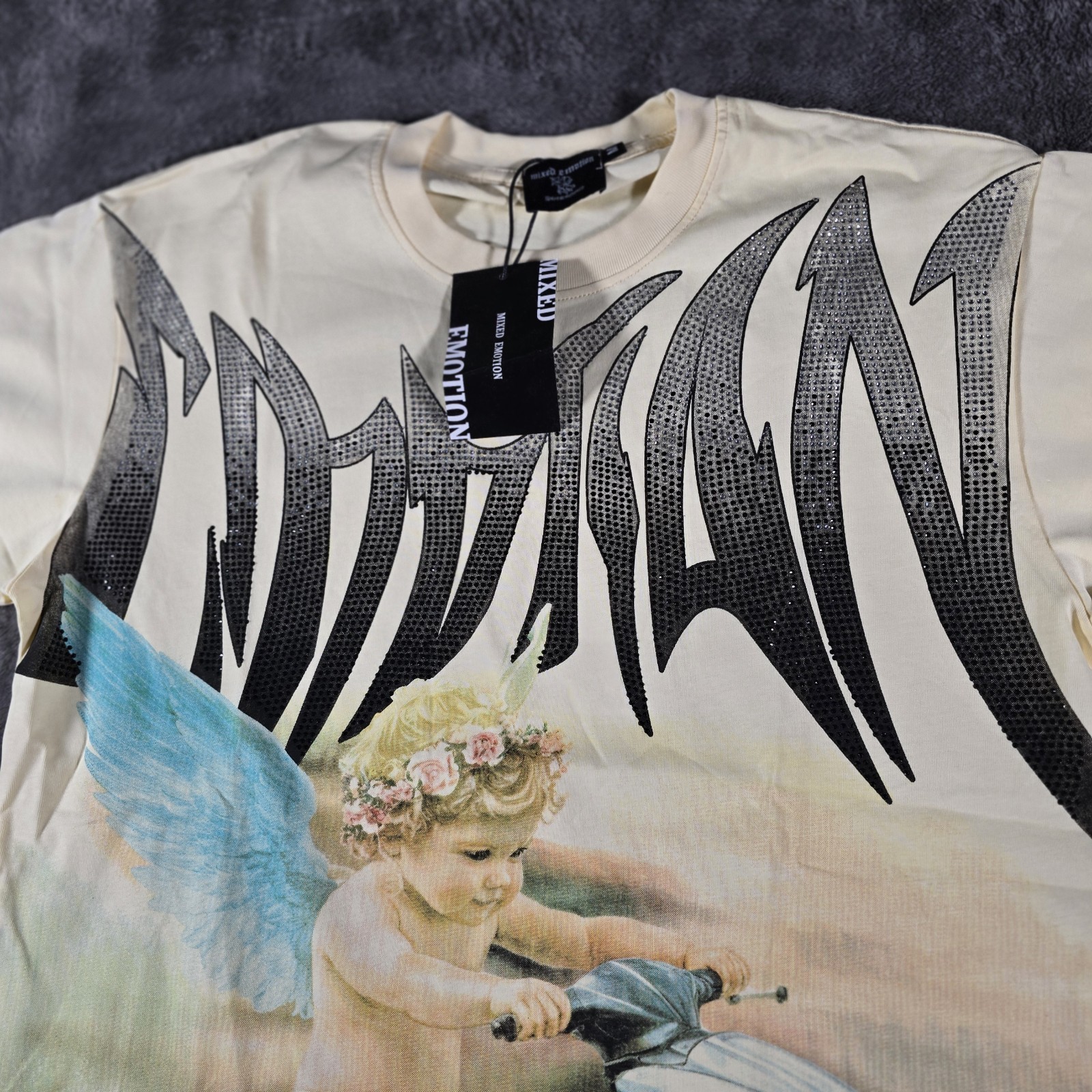 Mixed Emotion Clothing Jetski Rhinestone T-Shirt Mens Cream Y2K Streetwear Size