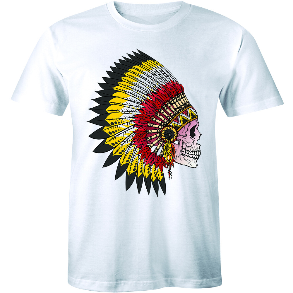 Retro Vintage Native American Indian Feather Chief Headdress Human Skull Men Tee