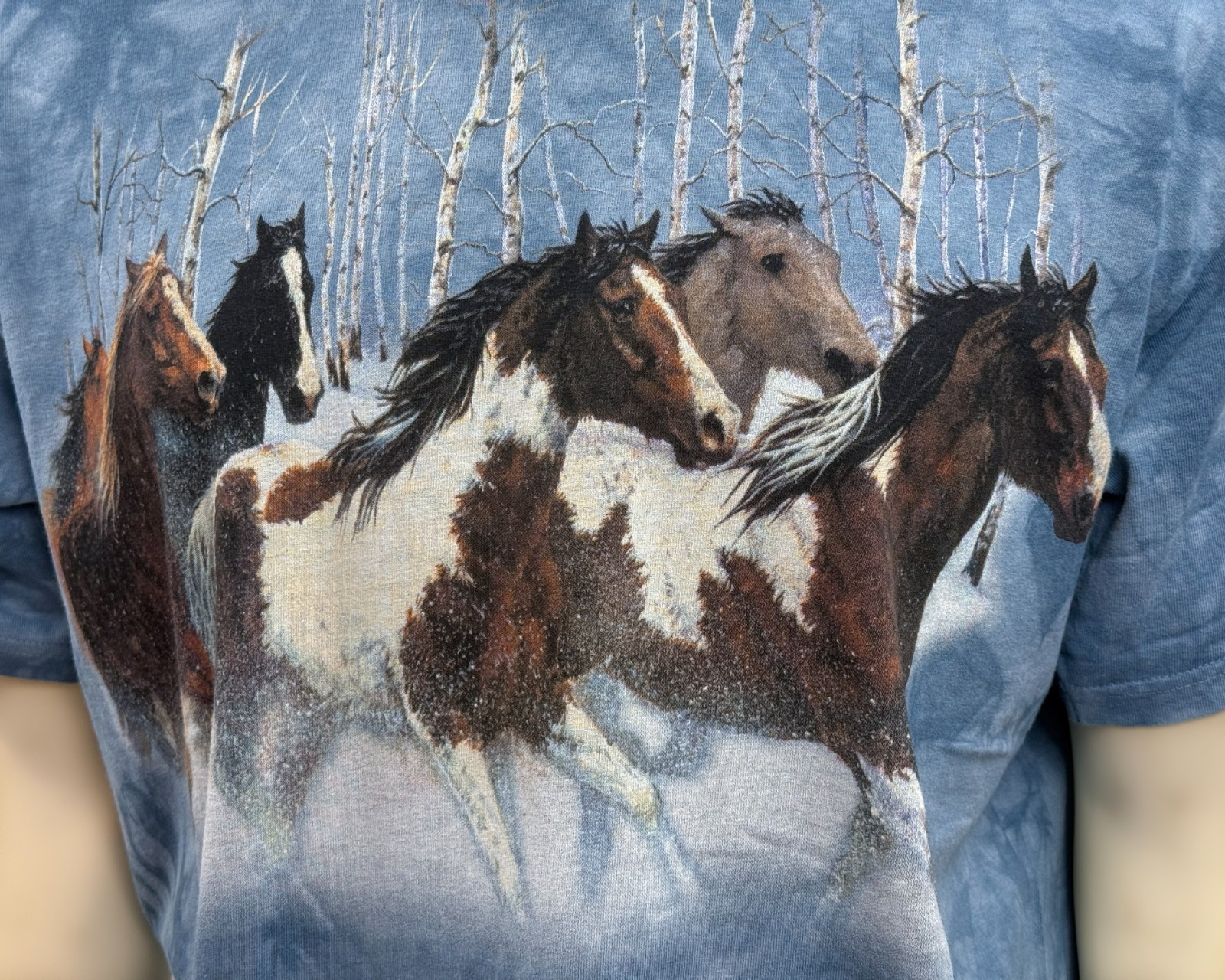 Vintage 1999 The Mountain Horse Snow T Shirt Large Blue Tie Dye Wild Wings USA