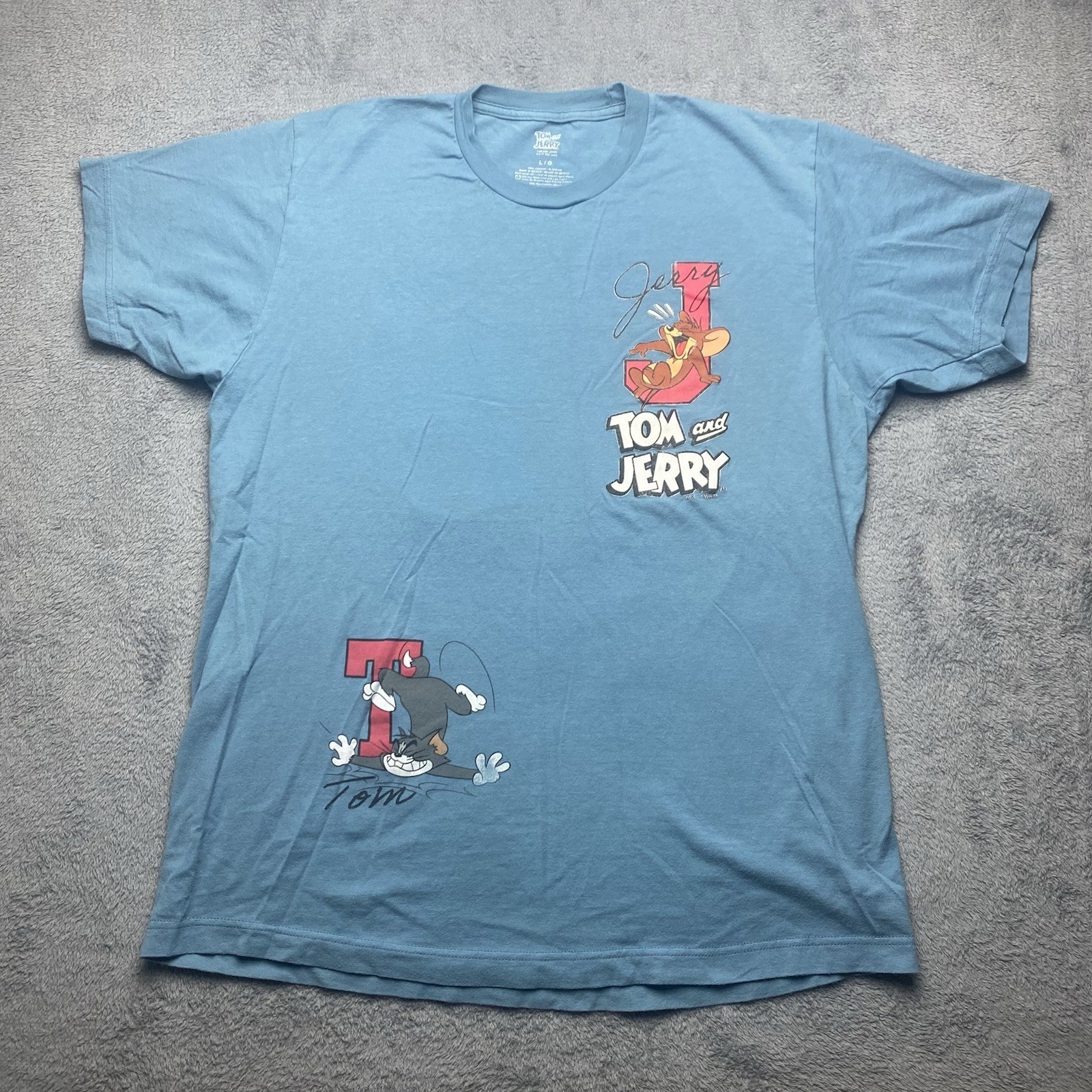 Tom and Jerry Mens Blue T Shirt Size L Cartoon Cat and Mouse