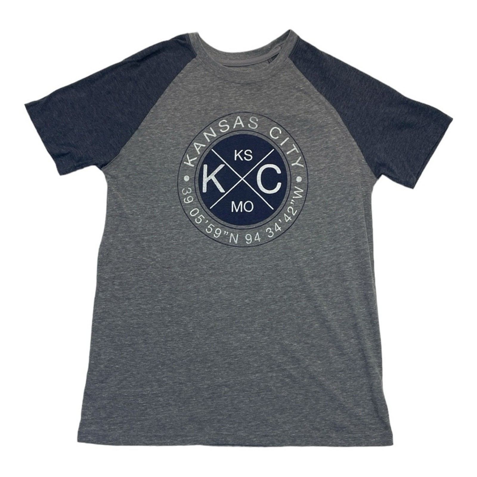 Kansas City KC Graphic Tee Camp David Large Gray Blue Raglan Shirt Unisex