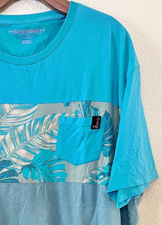 Hinano Tahiti Tropical Leaf Pattern Color Block Mens Blue T Shirt Size 2XL