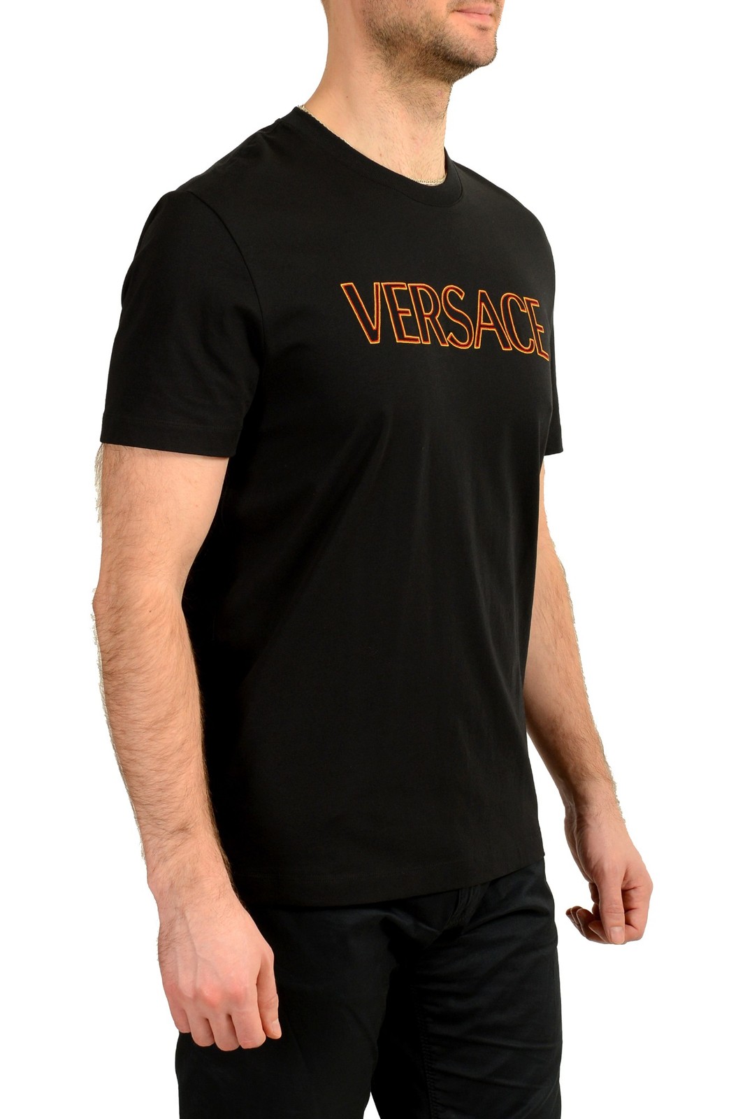 Versace Men’s Black Logo Embroidered Crewneck Short Sleeve T-Shirt US 2XL IT 56