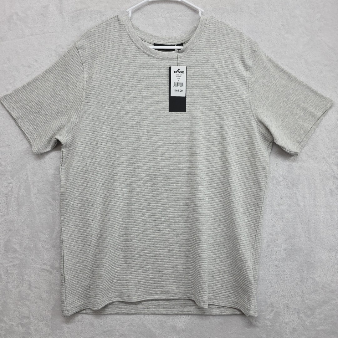Hedge Mens Sand Mel Horizontal Ribbed Knit Short Sleeve Casual Tee Sz Lg Gray