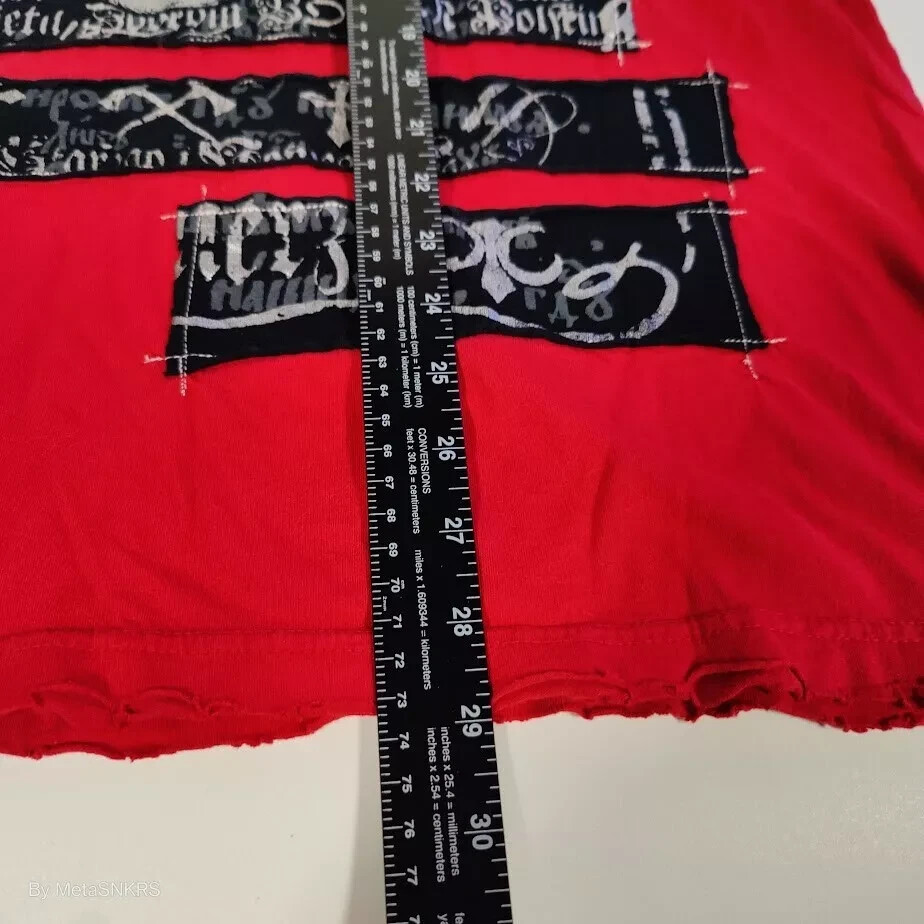 Affliction T Shirt Men XL Red Black Gray Silver Foil Patch Skull USA Distressed