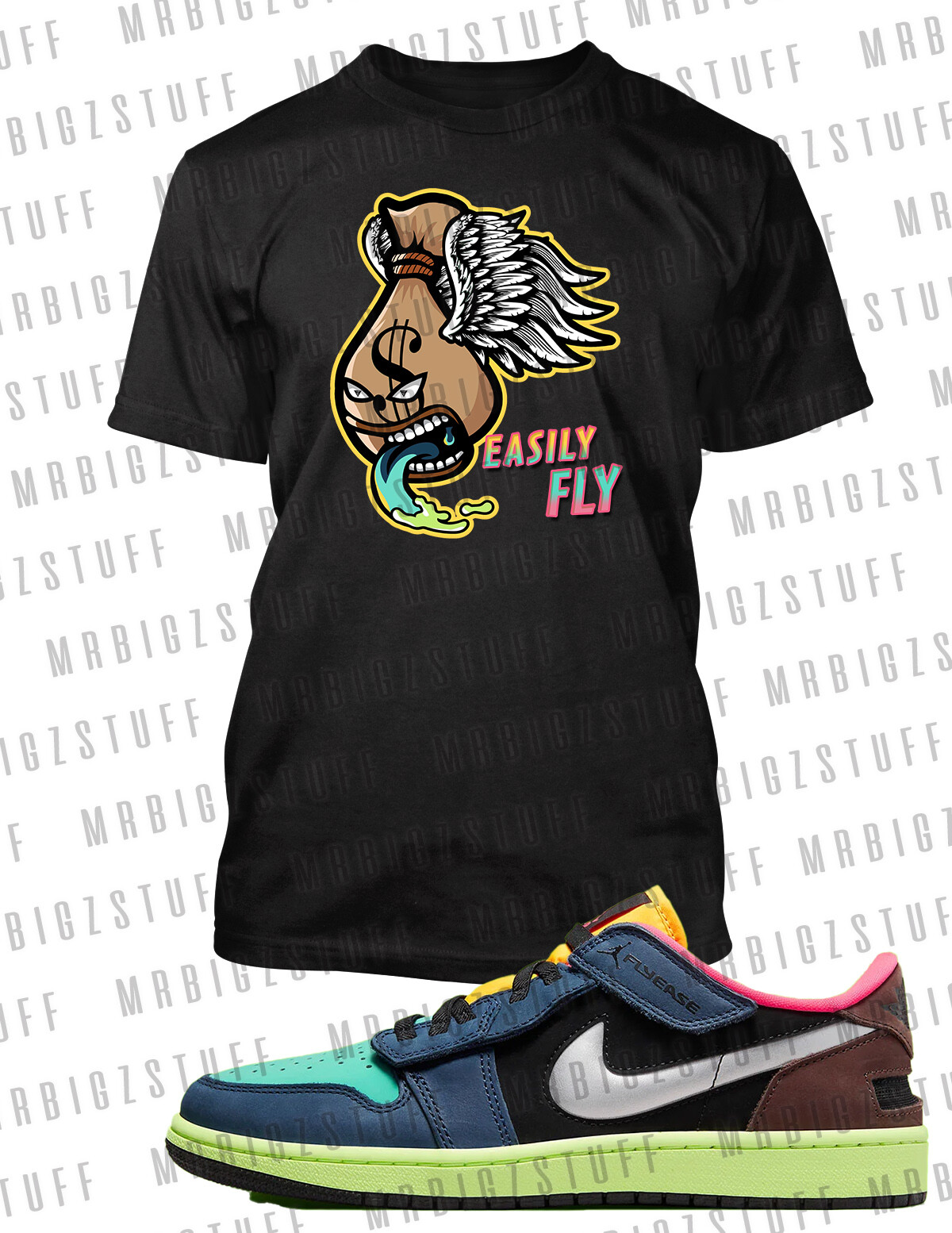 J1 Low Fly Ease Sneaker Tee Shirt Easily Fly Money Bag Graphic T Shirt Design