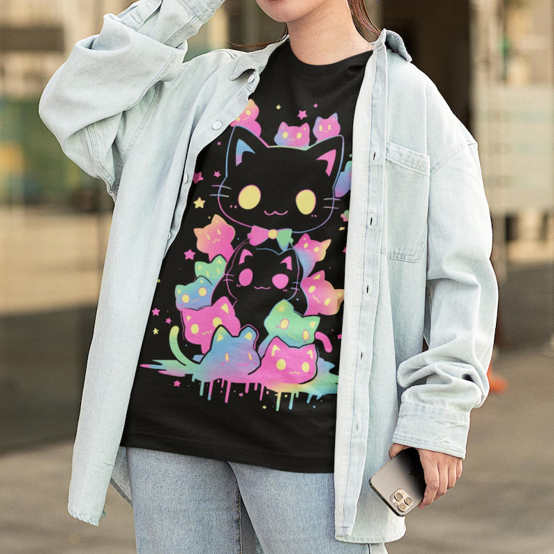 Unisex Oversized T-shirt, Pastel Goth Neon Cat Anime Tee | Harajuku Streetwear,