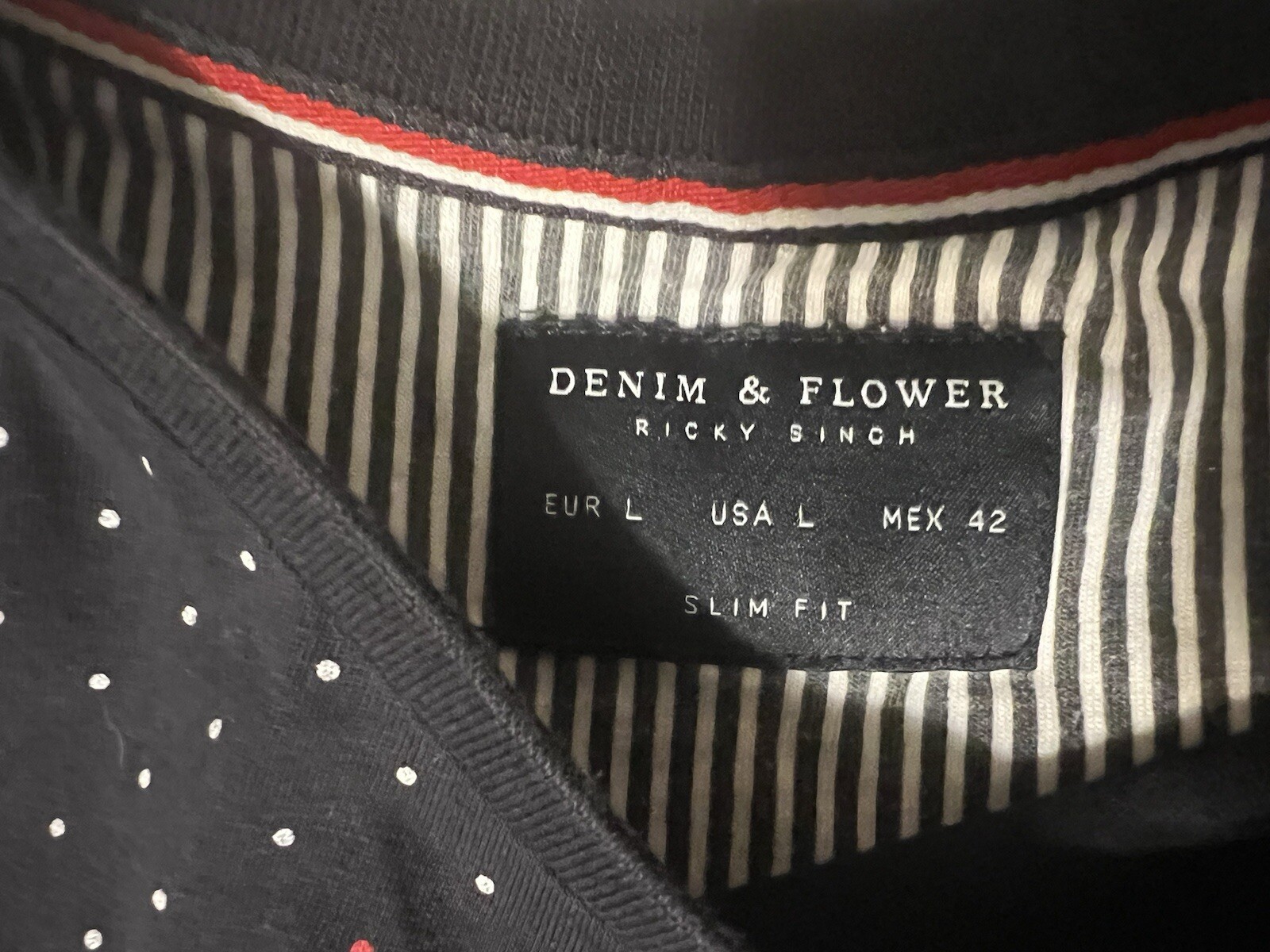 denim flower ricky singh t shirt Navy Blue, Red, & White Polka Dot Short Sleeve