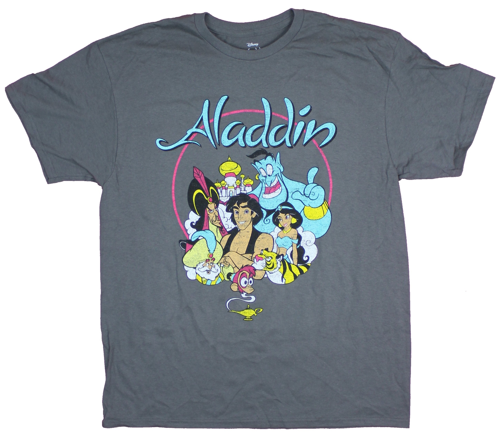 Aladdin Mens T-Shirt – Distressed Classic Cartoon Circle Cast Image