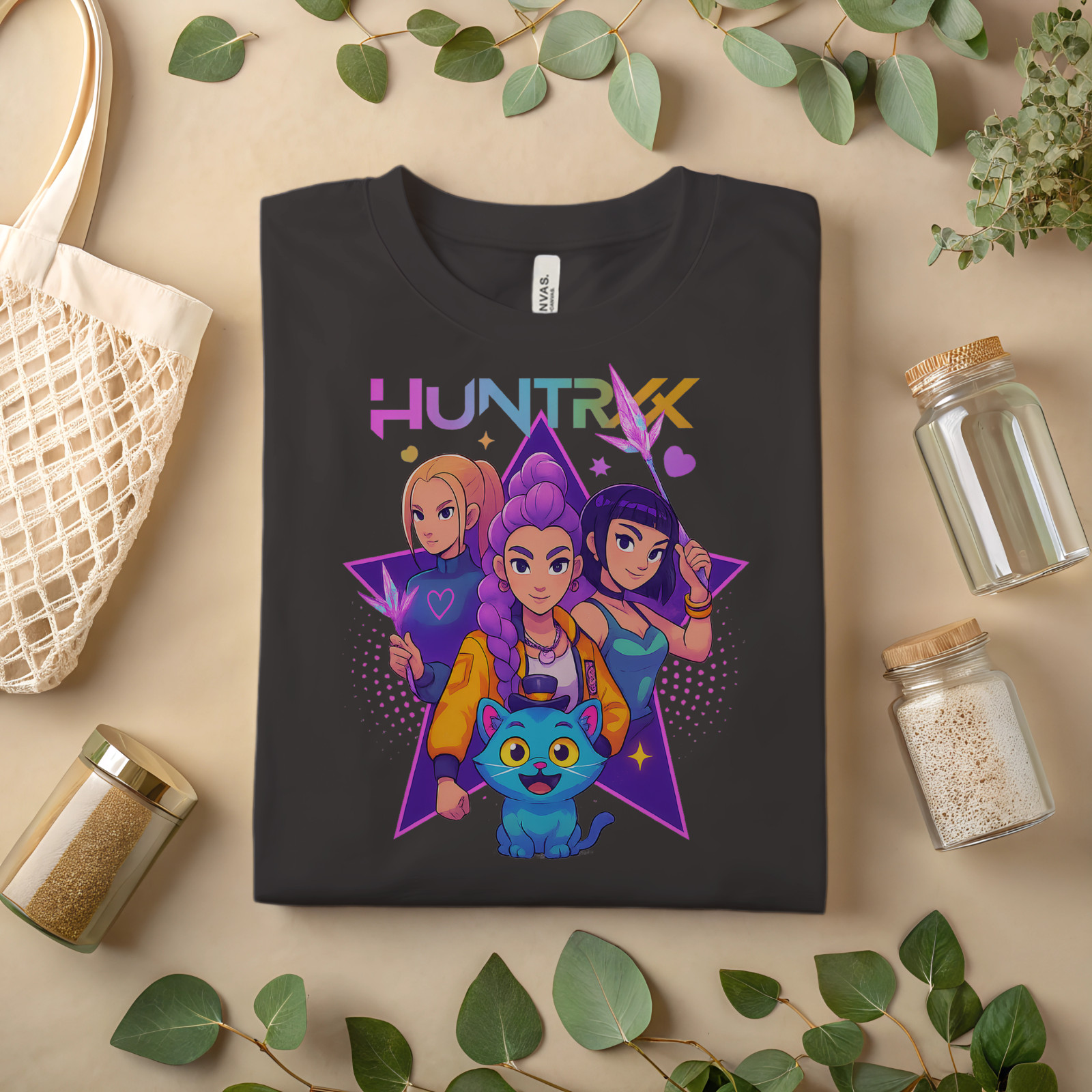 HUNTRX Anime Graphic T-Shirt – Cute KPOP Inspired Cartoon Girls & Cat Tee A275