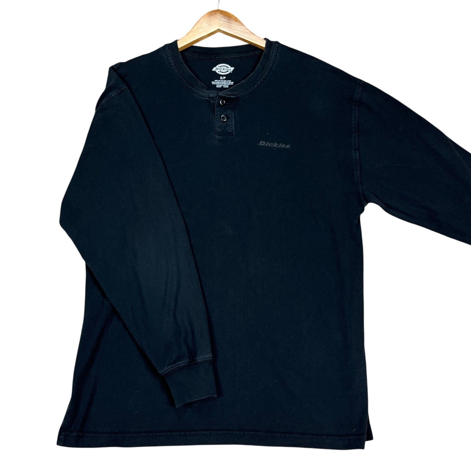 Dickies T-Shirt Mens Small Black Long Sleeve Heavyweight Henley Ribbed Cuff