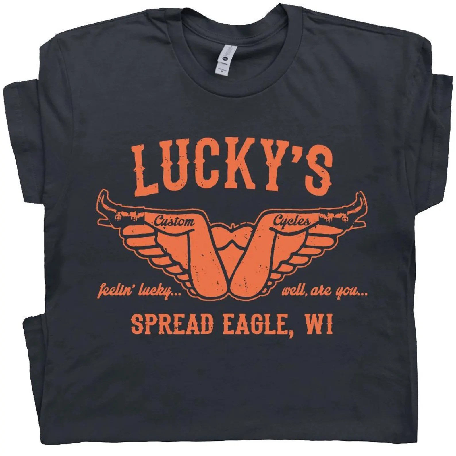 Lucky’s Custom Cycles Spread Eagle WI Biker Graphic Black T-Shirt – S401