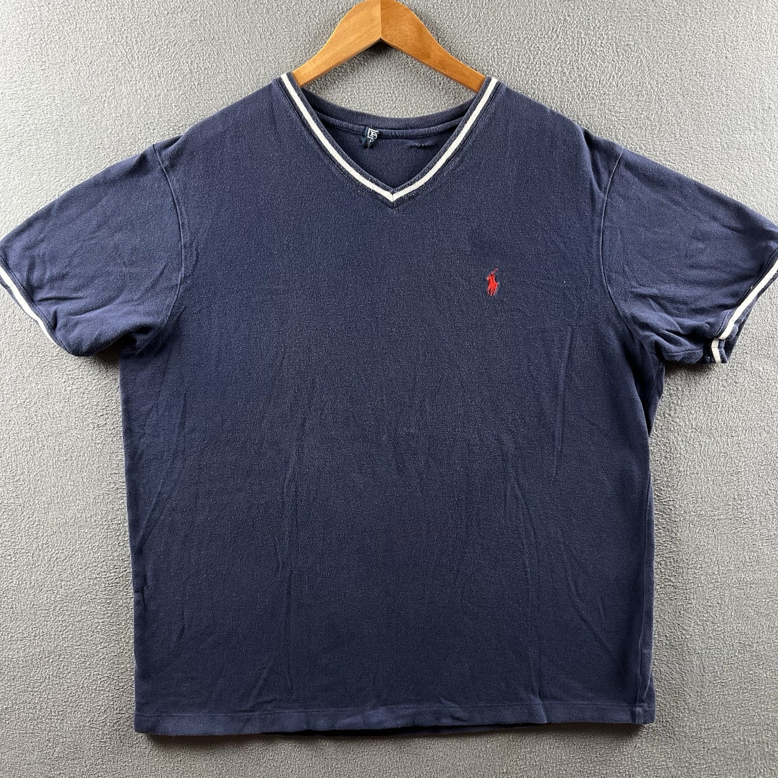 Vintage Polo Ralph Lauren Shirt Mens XL Blue Woven V-Neck Short Sleeve Ringer