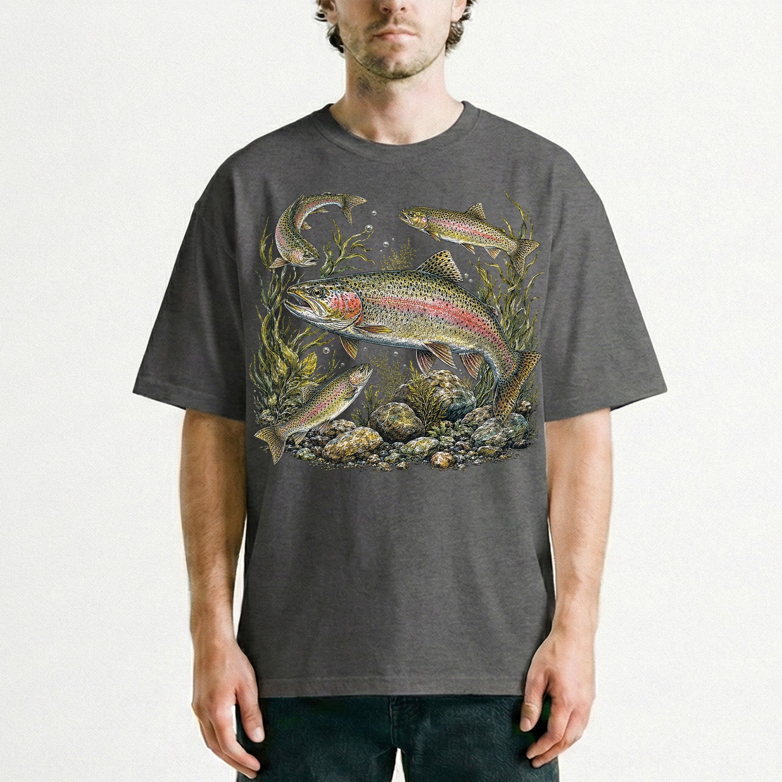 Vintage Rainbow Trout Fishing Fly Fisher Outdoor T-Shirt Nature Lover Tee