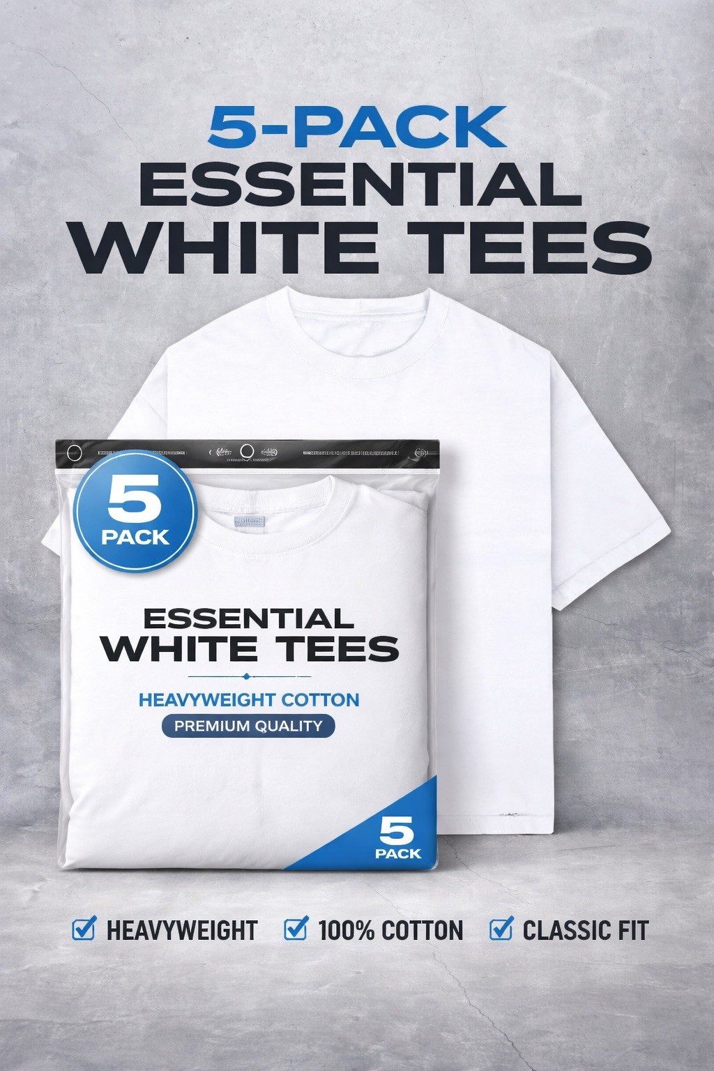 Men’s Heavyweight 100% Cotton White Crew Neck Tee 5-Pack Classic Fit 2XL