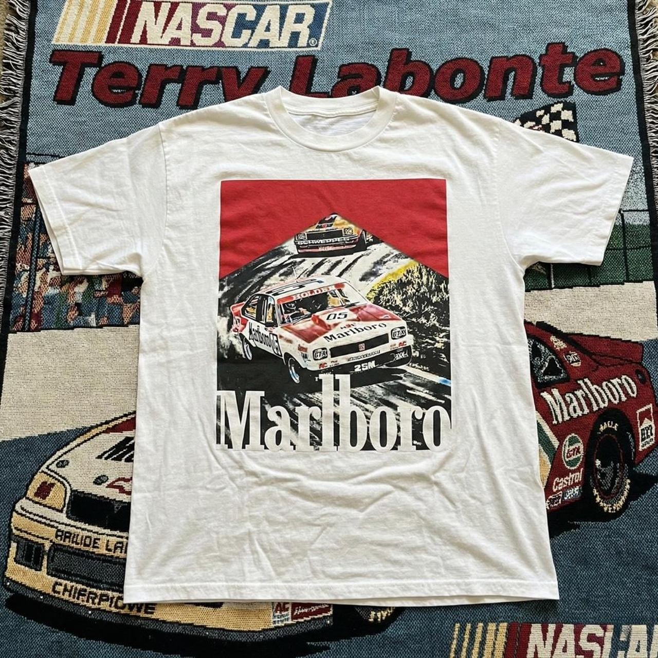 Marlboro Racing white T-shirt NASCAR Rare tee Short Sleeve tee S-5XL NH26628
