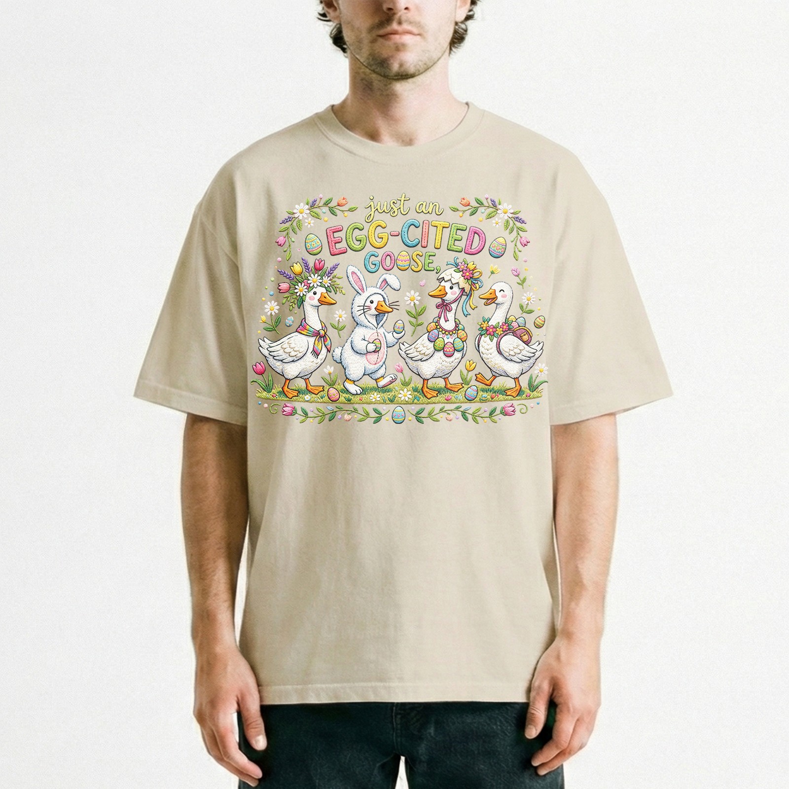 Egg Cited Goose Easter Duck Floral T-Shirt Spring Holiday Cute Animal Tee