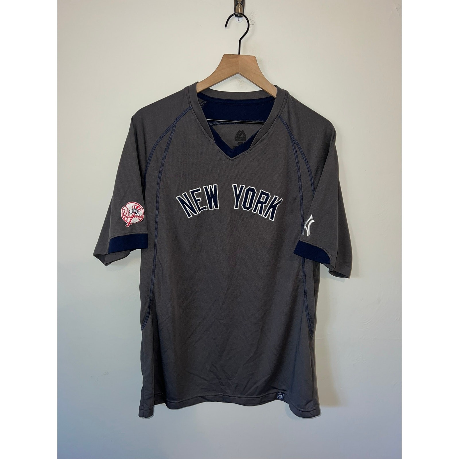New York Yankees Shirt Baseball Gray Polyester Tee Baseball Top MLB Large