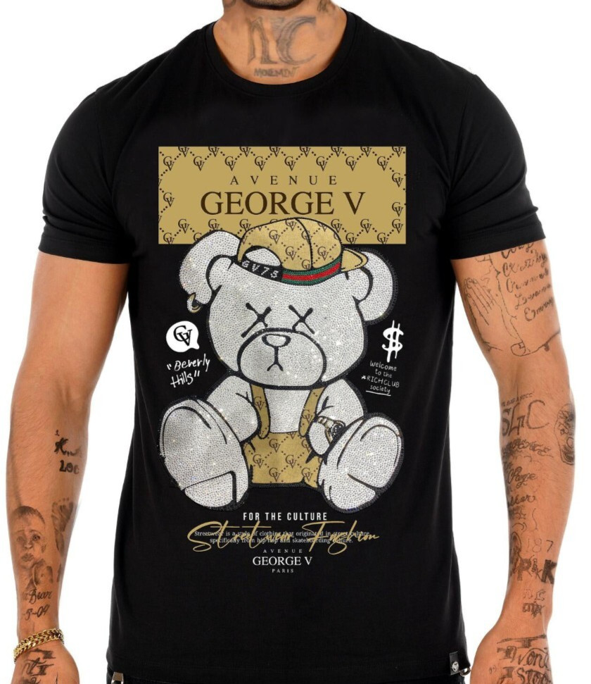 Avenue George V Paris T-Shirt Teddy Bear Rhinestone Men’s Black fitted Tee Shirt