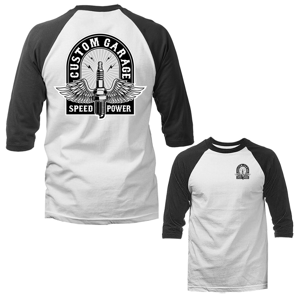 Custom Garage Bikers Vintage Classic Custom Motorcycle Graphic 3/4 Sleeve Raglan