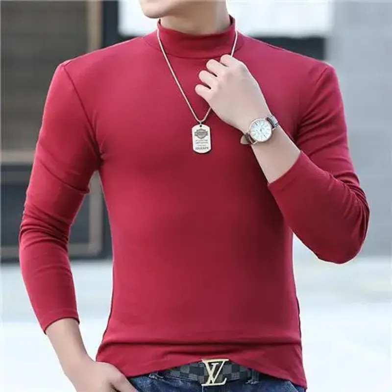 Fashion Men’s Oversize High Collar Long Sleeves Autumn Winter Pure Thermal Shirt