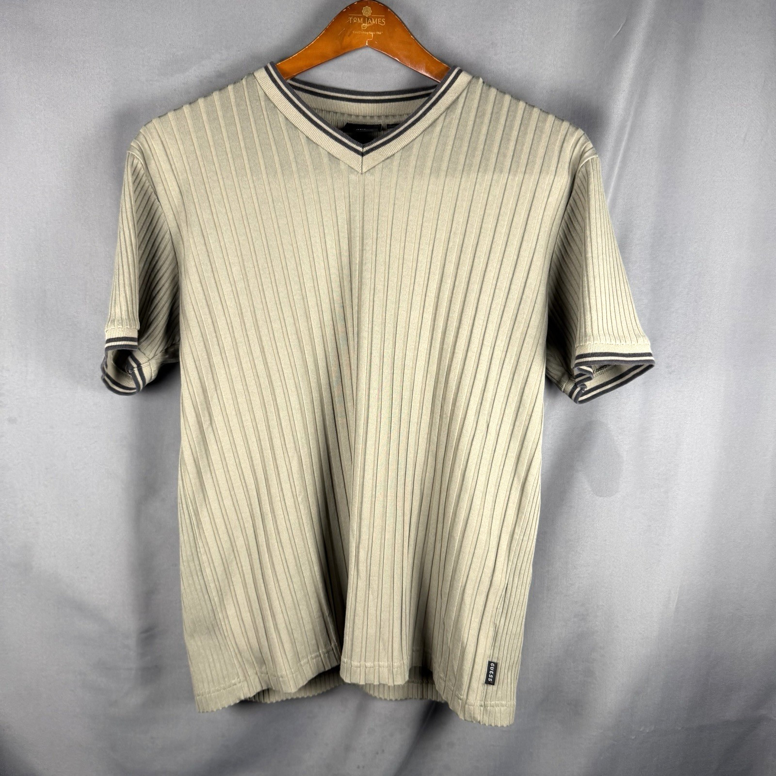 Vintage Y2K Guess V Neck Ribbed T Shirt XL USA Made Olive Designer Cotton Blend