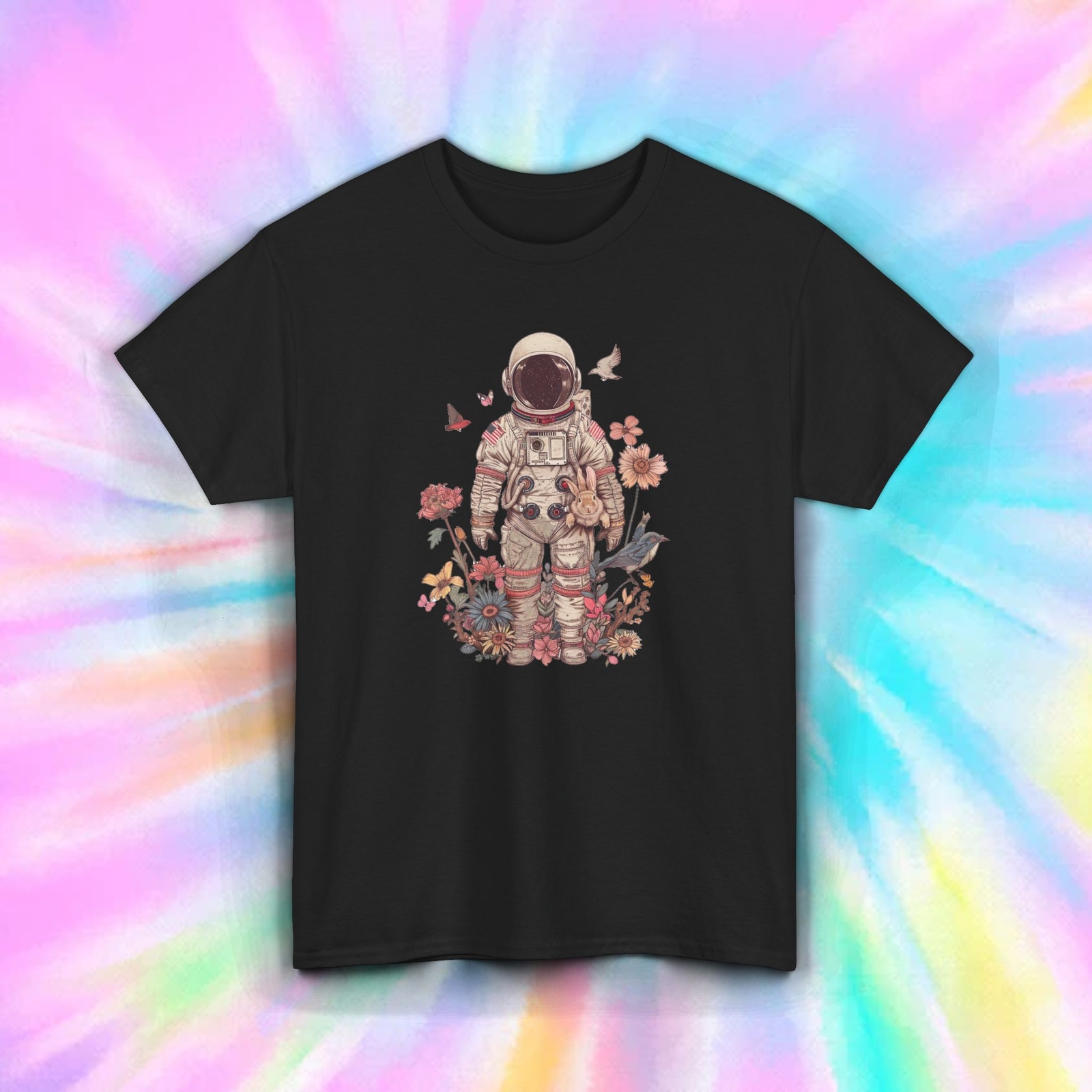 Astronaut Flower Shirt Space Nature Butterflies Retro Art Tee S-5XL