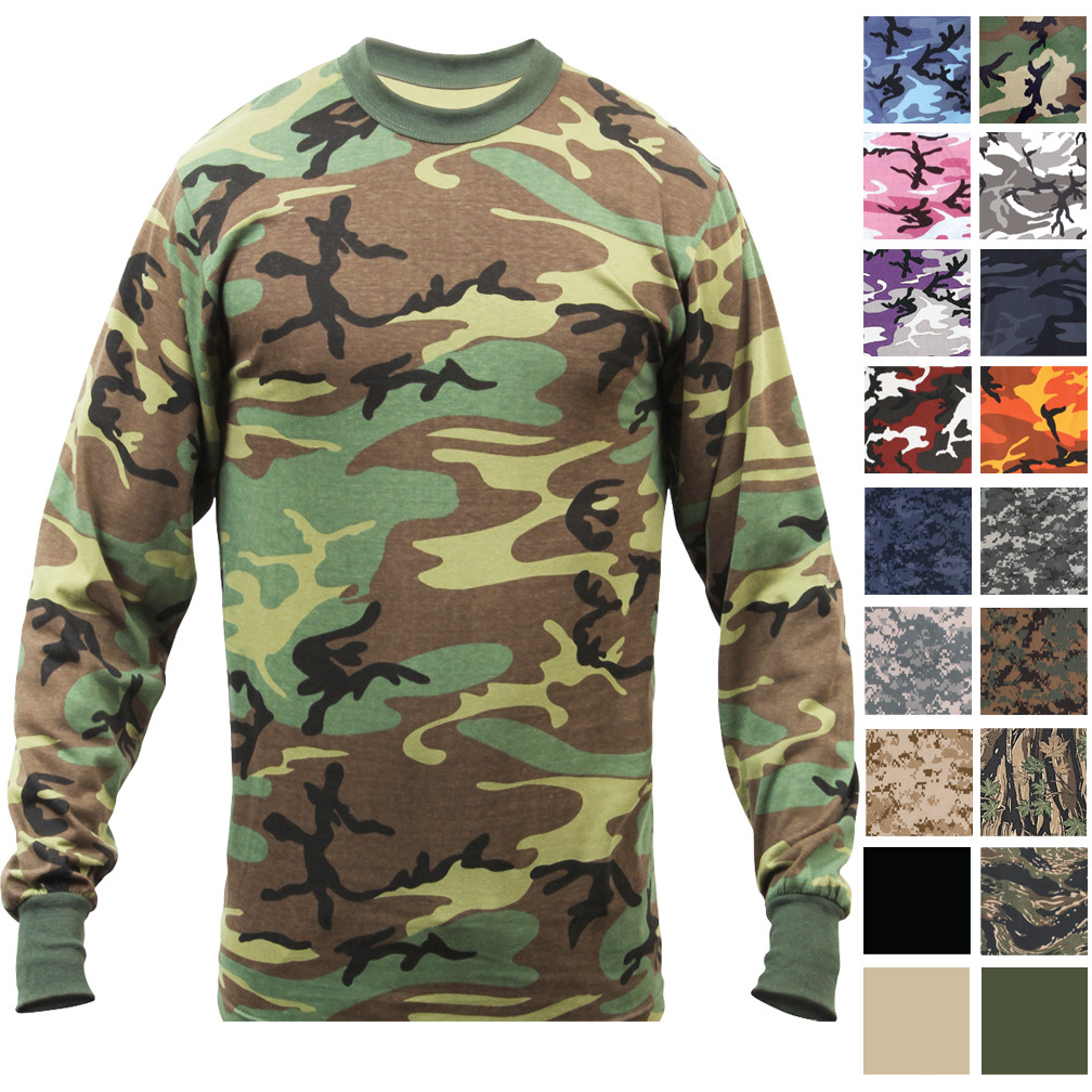 Camo Long Sleeve T-Shirt Tactical Military Crew Tee Undershirt Army Camouflage