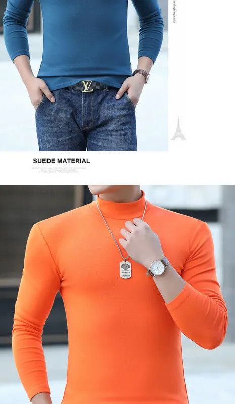 Fashion Men’s Oversize High Collar Long Sleeves Autumn Winter Pure Thermal Shirt