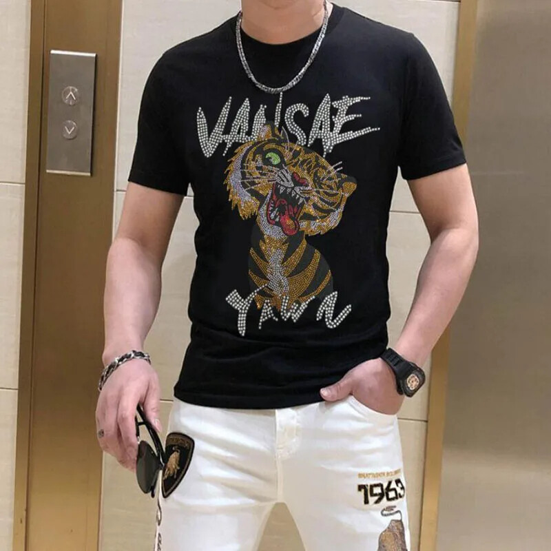 New Men Luxury Diamond Tiger Rhinestones Fashion Black White T-Shirt