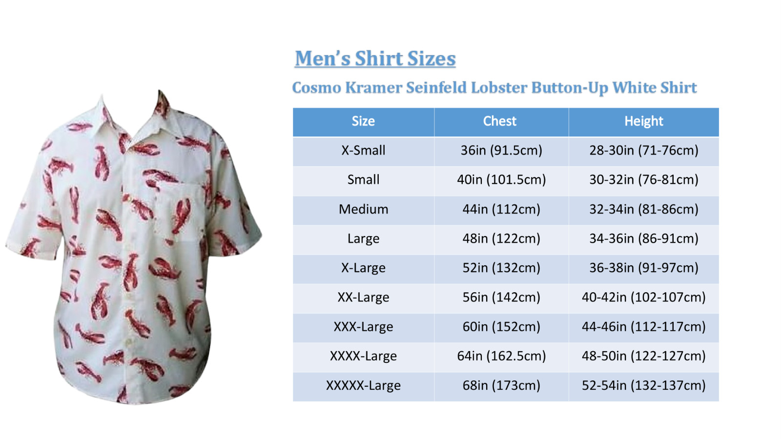 Mens Jerry Seinfeld Cosmo Kramer Lobster Button-Up White Cosplay Shirt Small-2XL