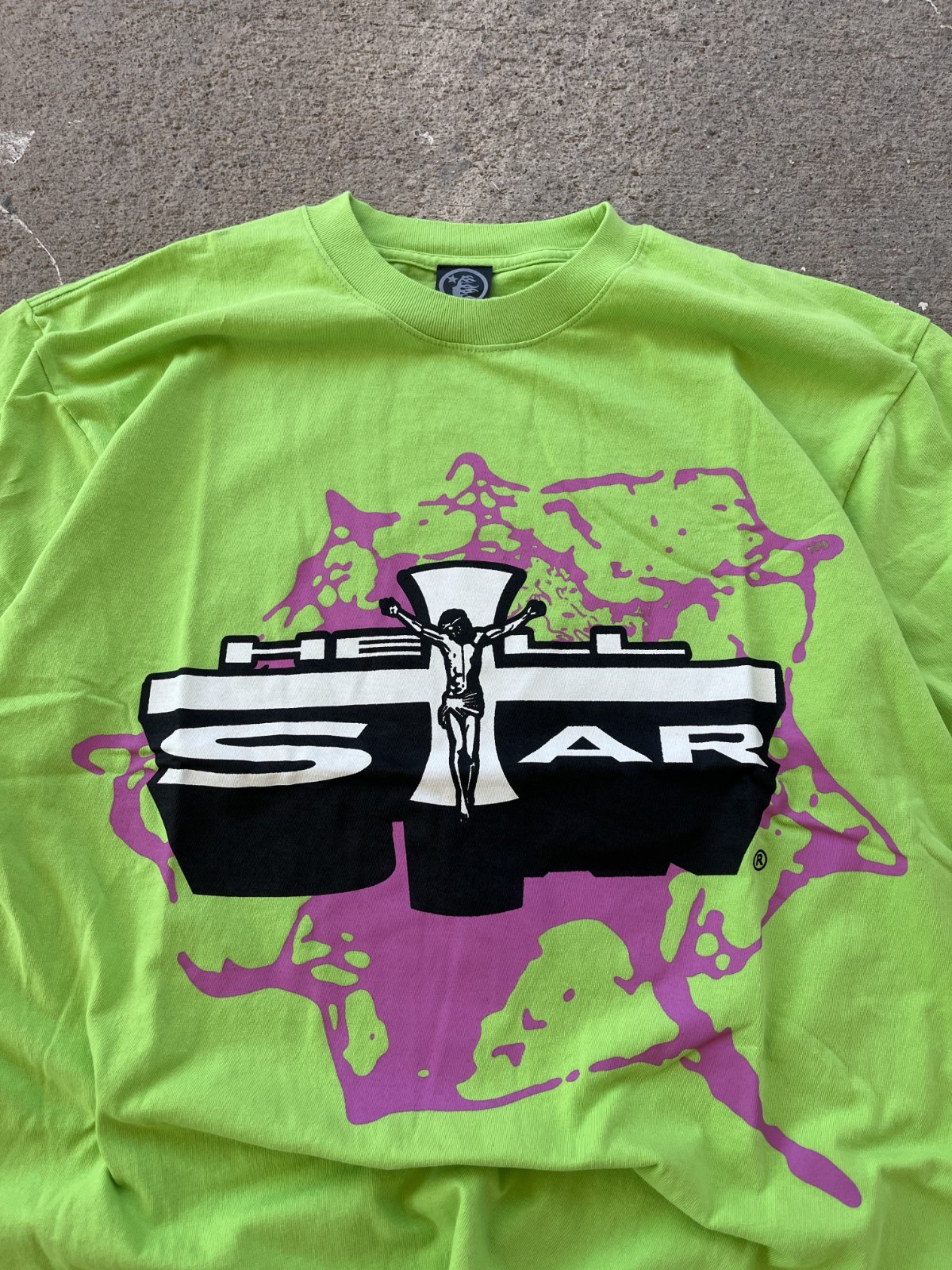 Hellstar Studios Path To Paradise Jesus Tee Neon Green Purple Pink Splat Cross