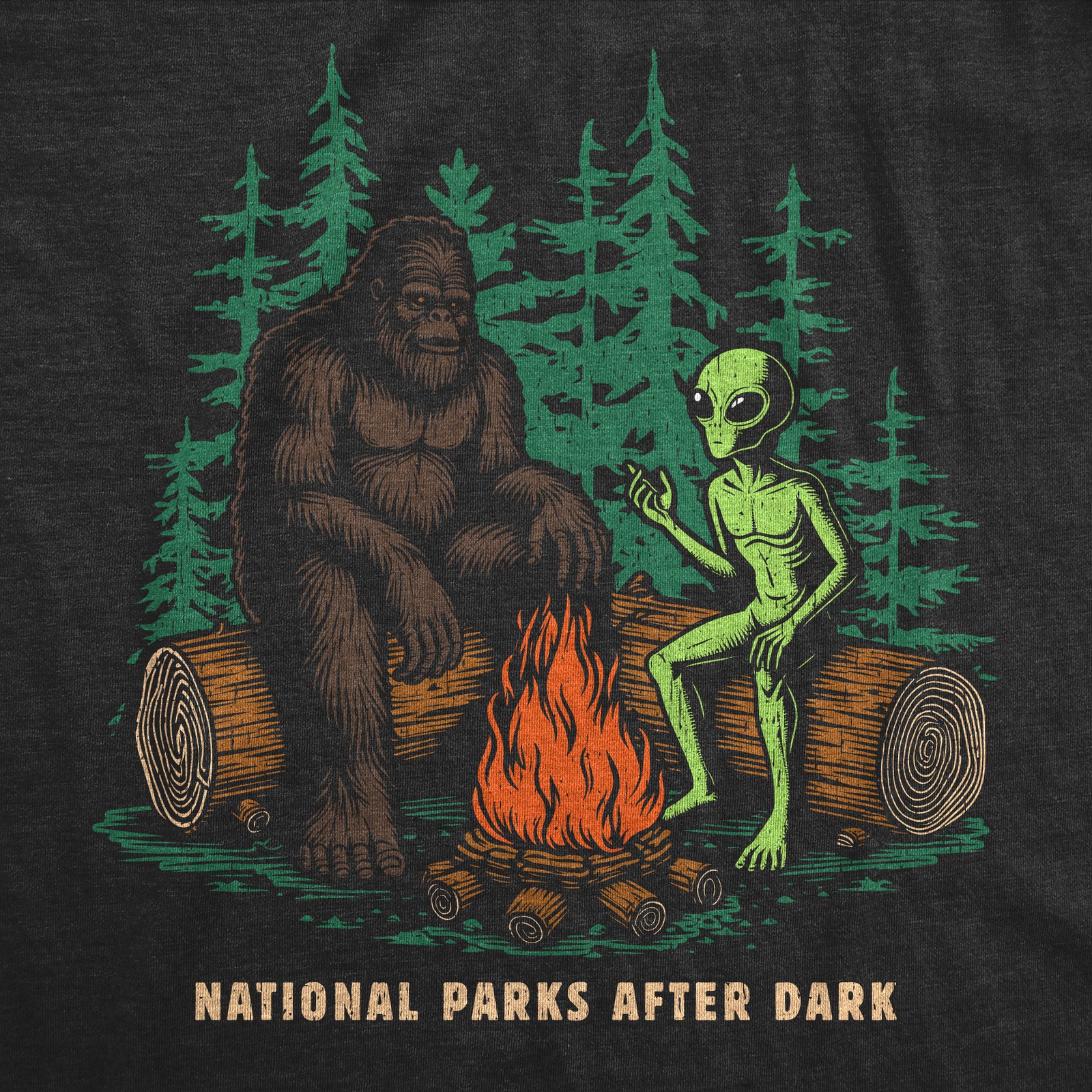 Mens Funny T Shirts National Parks After Dark Sarcastic Bigfoot Alien Graphic