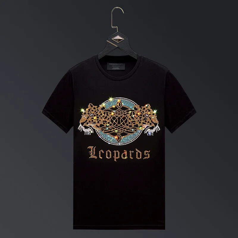 New Men Luxury Leopard Rhinestones Fashion Black White T-Shirt High Quality