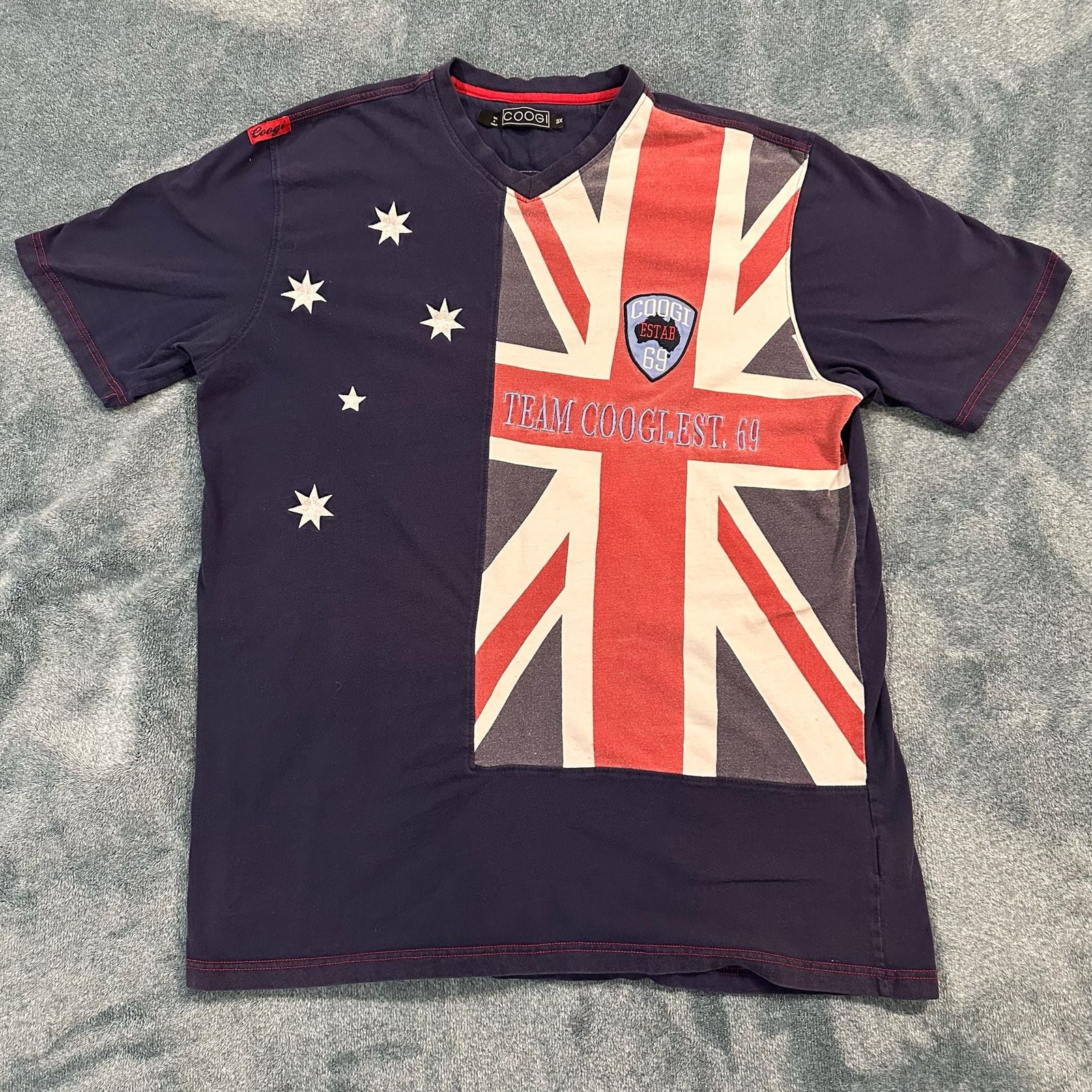 Y2K Coogi Team Coogi Est. 69 Australian Flag V-Neck T-Shirt