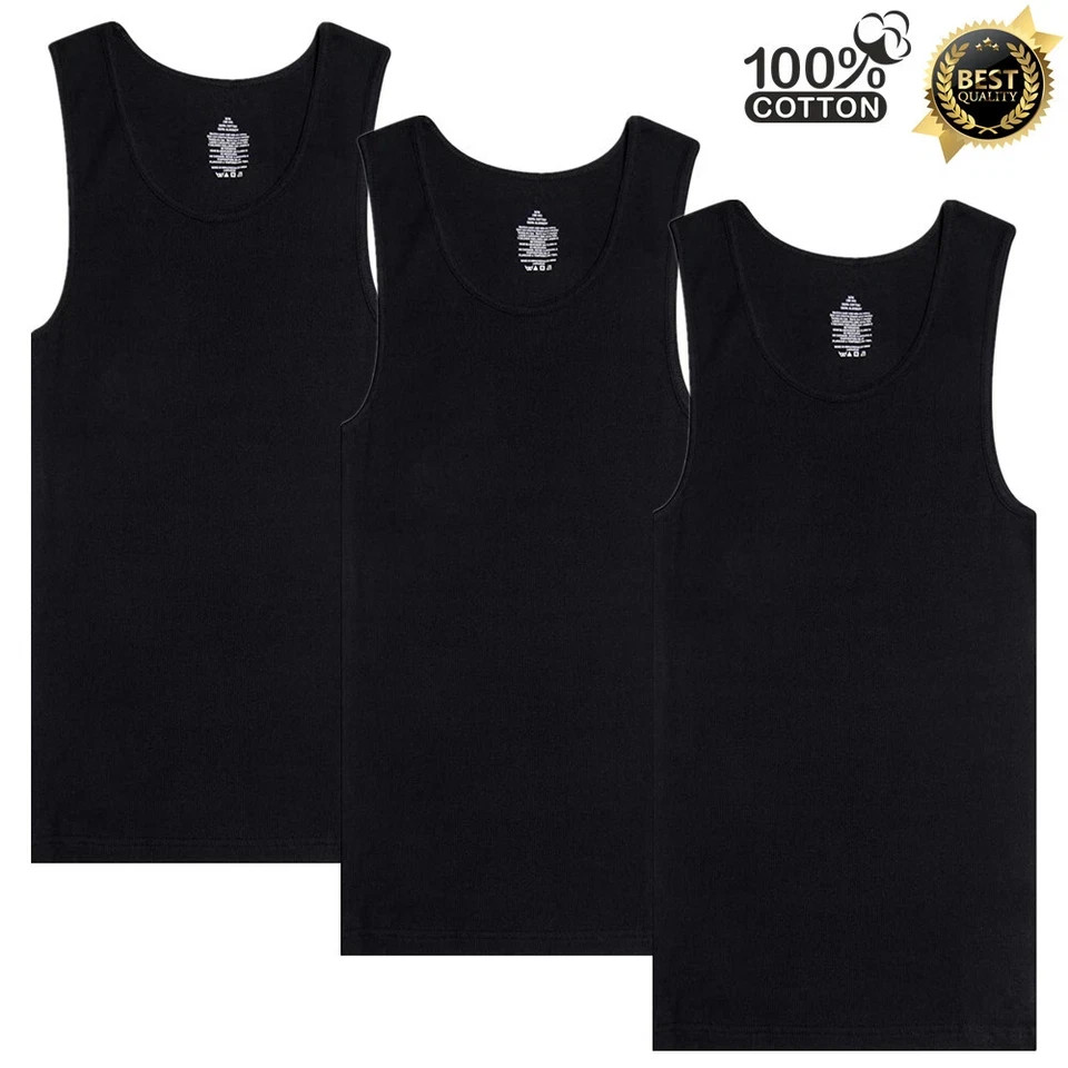 3-1- Pack Men 100% Cotton Tagless Ribbed Tank Top A-Shirt Wife Beater Undershirt