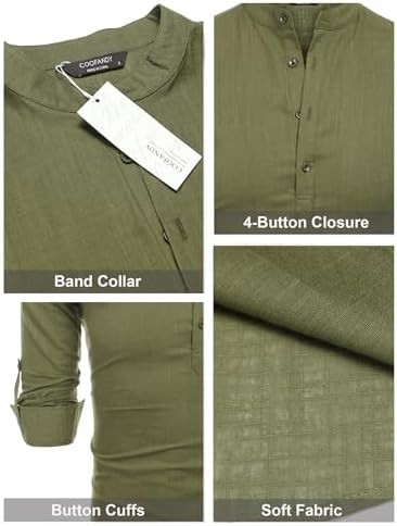 Men’s Shirt Long Sleeve Size 4X-Large Army Green Relaxed Fit Summer Cotton,Linen