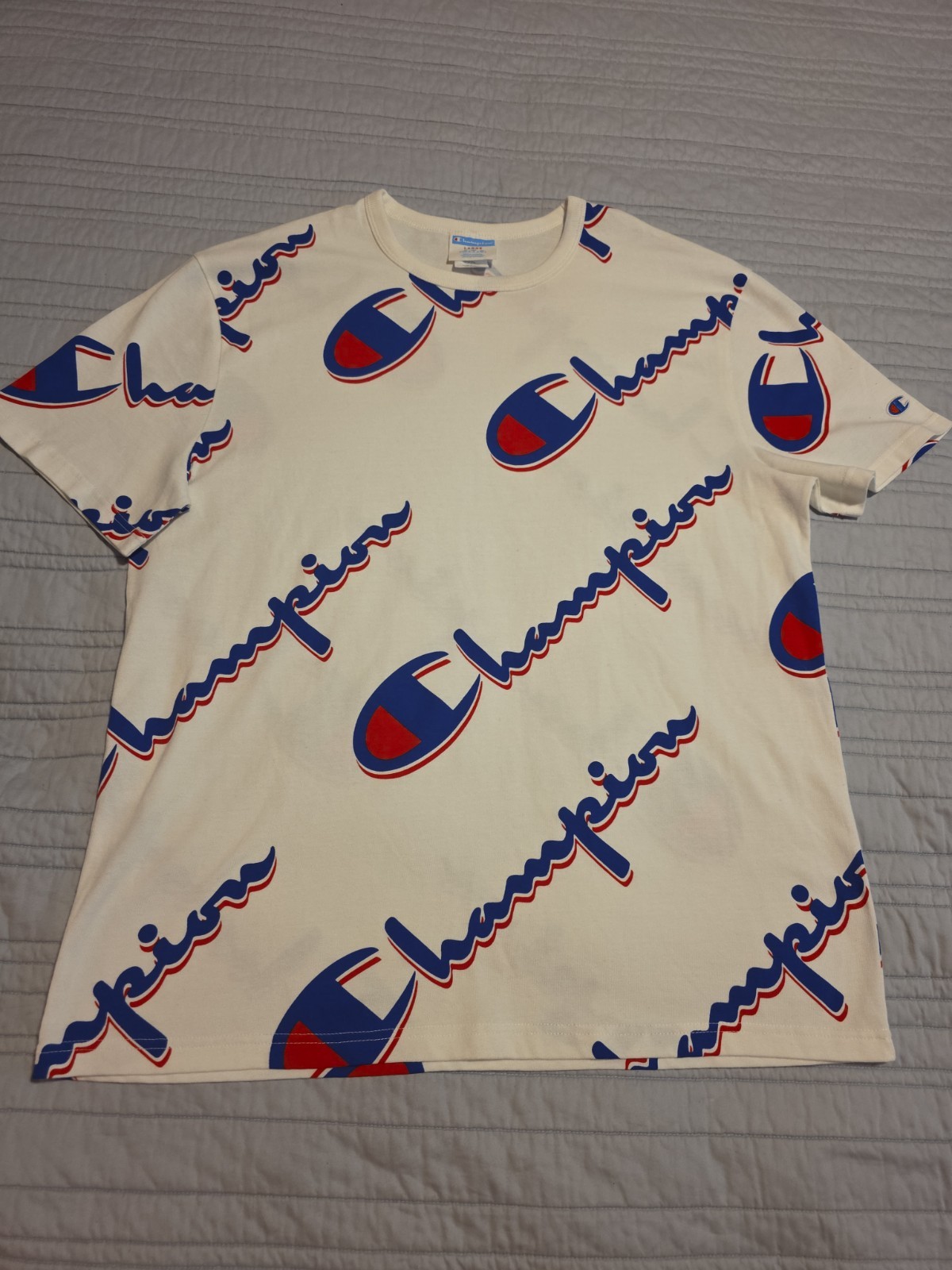Champion All Over Logo Print T Shirt White Red Blue Mens Large