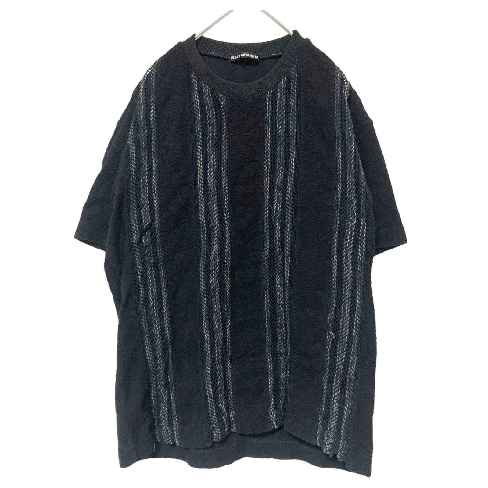 ISSEY MIYAKE Men’s Stripe Pile Mesh Layered Short Sleeve T-Shirt Black F/S