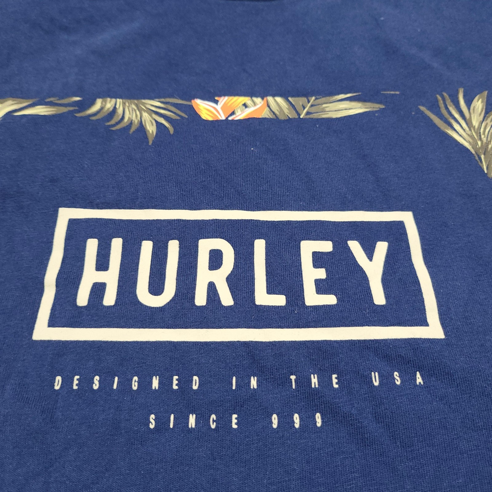 Hurley Shirt Mens Large Blue Tropical Logo Graphic Tee Tagless Crewneck Surf
