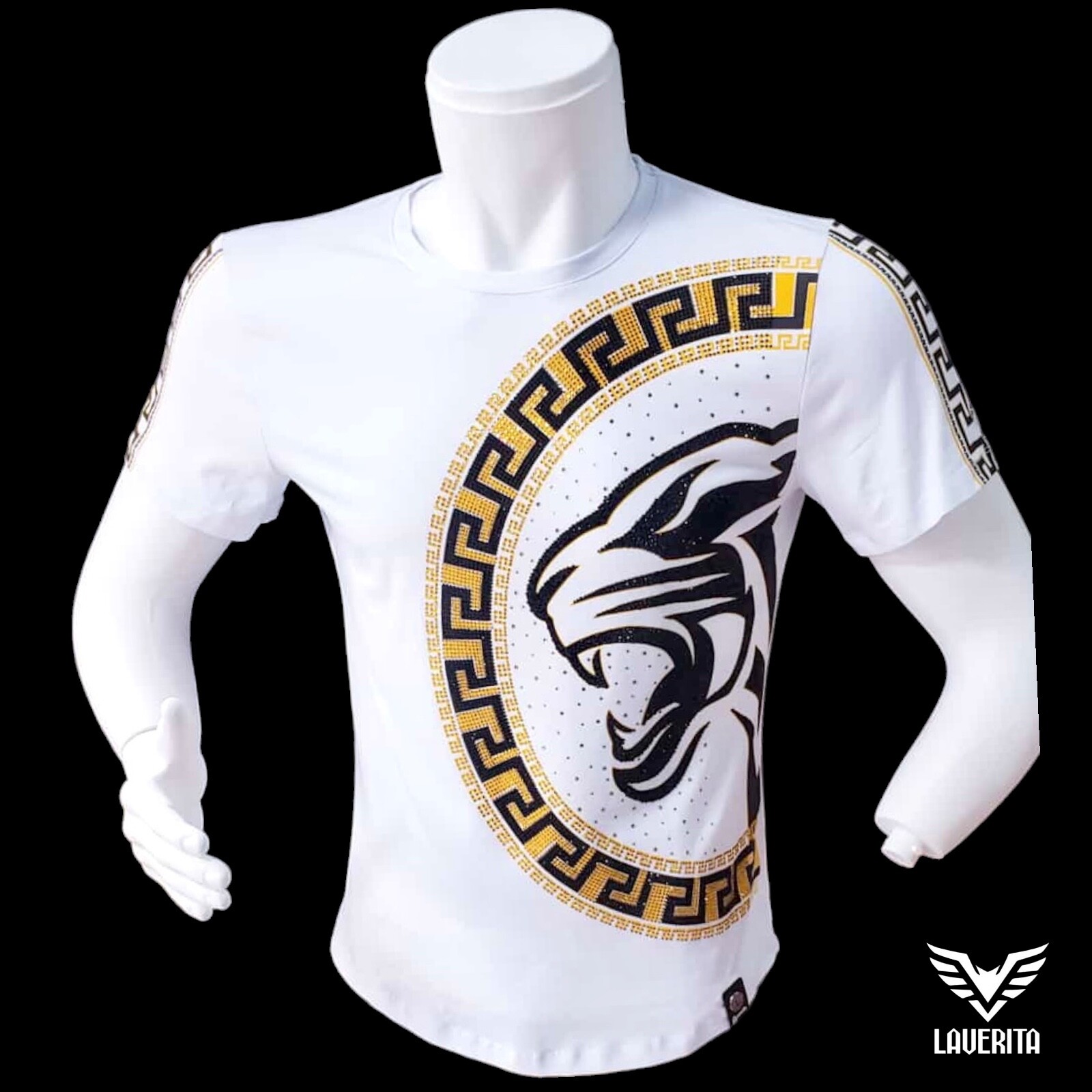 4 New Mens Large Size White Rhinestone T-Shirts + 1 Free Mystery T-shirt