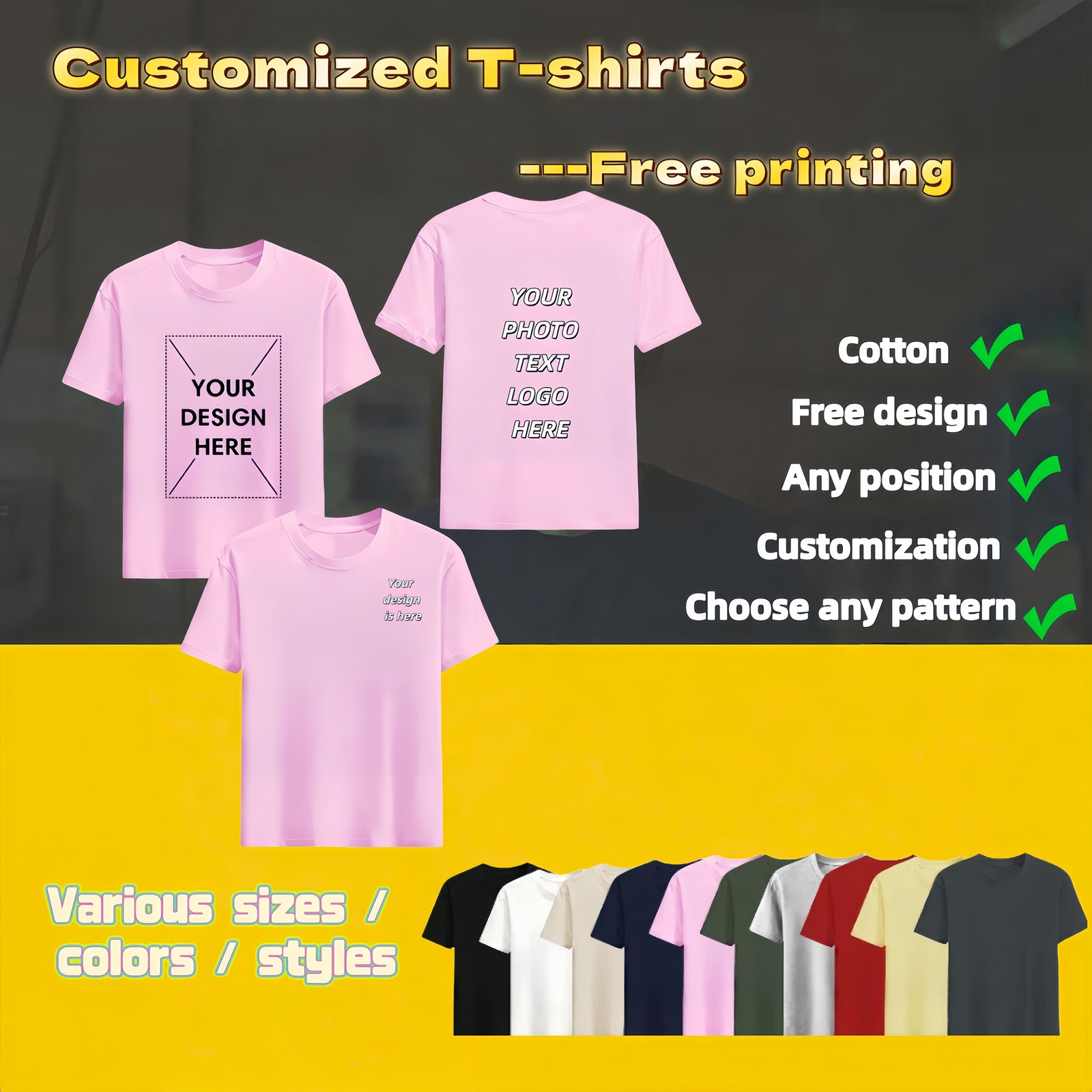 Personalized T-shirts, customizable with your text,photos or logo made of cotton