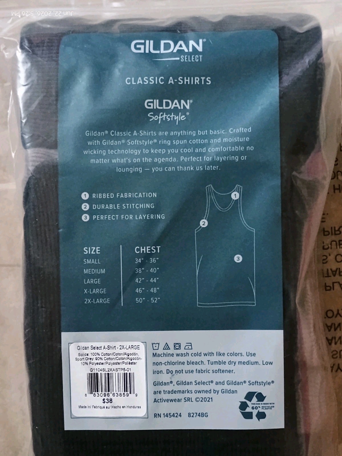 GILDAN SELECT Classic A Shirts Ribbed Tank Assorted Colors 5 Pack Size 2XL