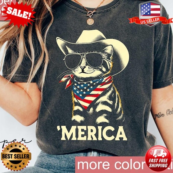 Merica Cat Shirt, Funny 4th Of July USA Tee, Patriotic Meow T-Shirt (S-5XL )