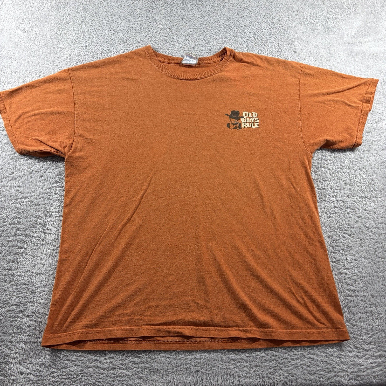 VINTAGE Old Guys Rule Shirt Mens XL Orange Double Sided John Wayne