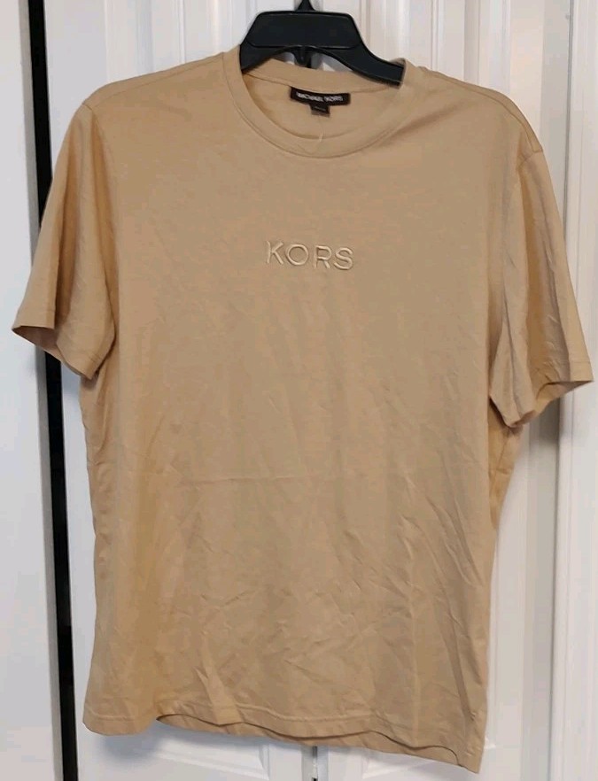 Michael Kors Embroided Logo T-Shirt Men’s Medium Soft Crewneck Tan Pullover Top